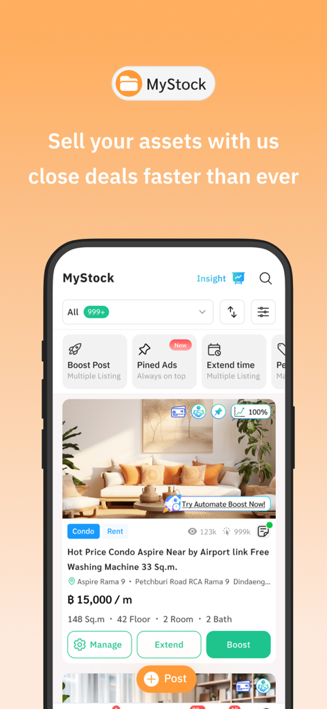 Livinginsider:Thai #1 Property - Livinginsider app MyStock screen showing real estate management tools and property listings for sale