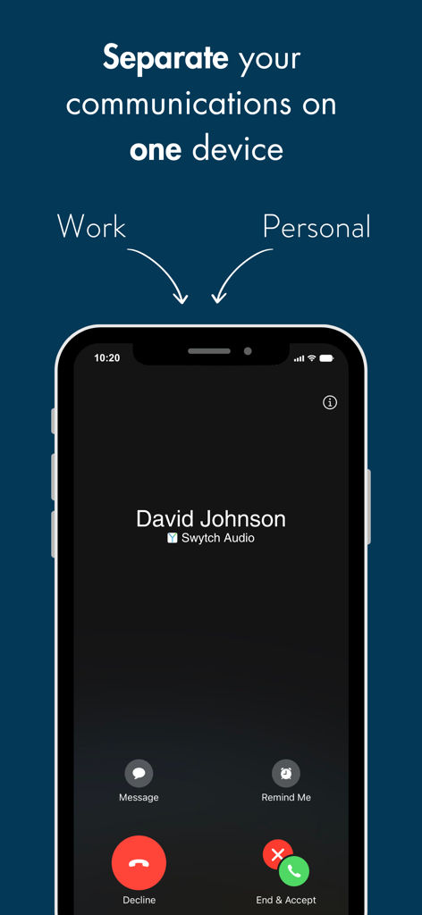 Swytch - Multiple numbers - Smartphone screen showing an incoming business call on the Swytch app to separate work and personal numbers on one device