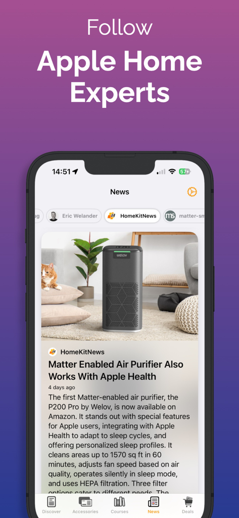Un feed de noticias dentro de la aplicación HomeDevices con artículos de expertos de Apple Home sobre dispositivos domésticos inteligentes compatibles con Matter
