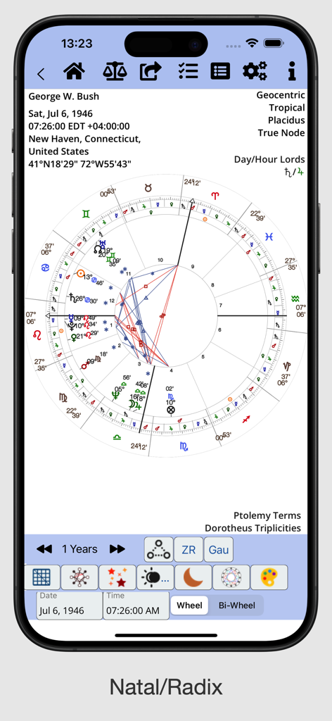 AstroConnexions for iPhone - Technical natal chart display on AstroConnexions for iPhone showing detailed astrological data and planetary wheel