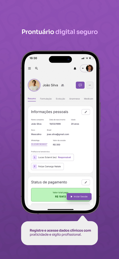 Soma Psico - Soma Psico app interface displaying a secure digital patient record with personal data and payment status for psychologists.