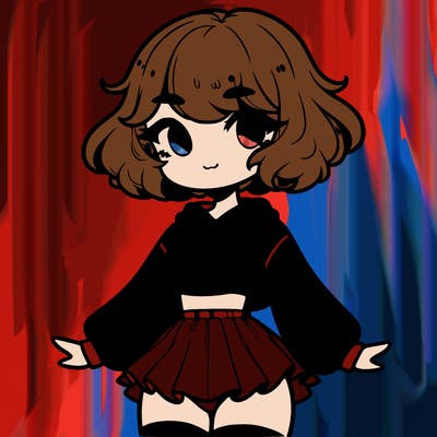 cute femboy with short, fluffy hair that softly frames their face, wearing a cropped hoodie, paired with a flouncy short skirt, and thigh-high stockings