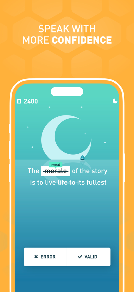 Interfaz de la aplicación de entrenamiento cerebral Elevate que muestra un ejercicio de corrección de lenguaje para mejorar la confianza al hablar.