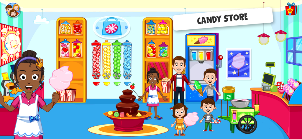 솜사탕과 초콜릿 분수가 있는 마이 타운 상점의 활기찬 사탕 가게 내부 캐릭터들.