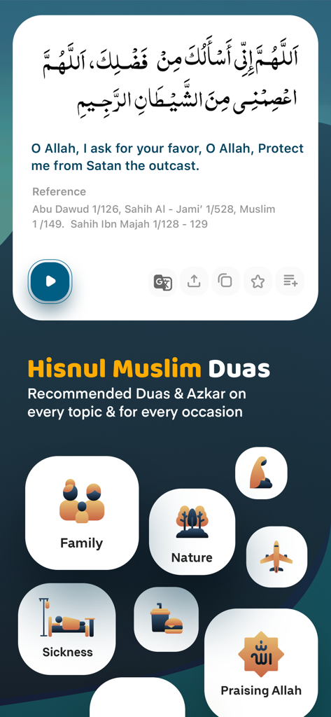 Muslim Mate: Azan Times, Quran - Muslim Mate app interface showing the Hisnul Muslim Duas section with various prayer categories