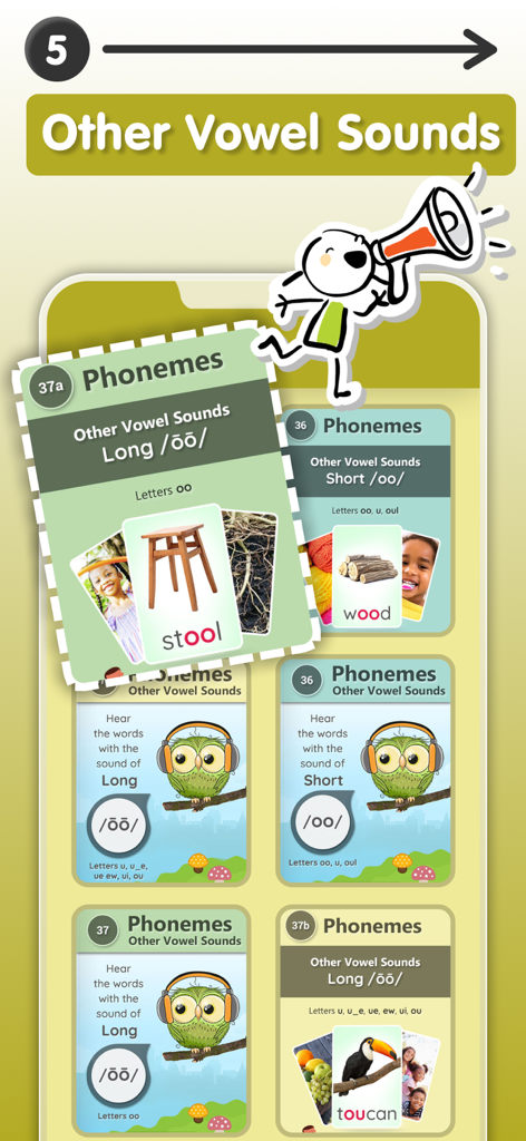 Phonics learning app interface showing vowel sound lessons with illustrated flashcards for kids.