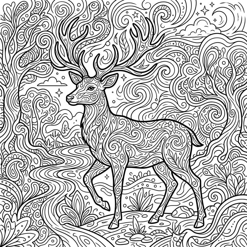 Unfold a world of vibrant imagination with this psychedelic deer coloring page. Its intricate patterns and mystical deer invite you to explore your creativity and bring a trippy forest scene to life with color.