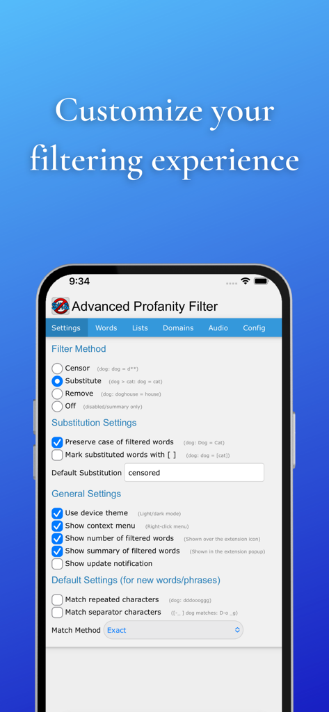 Advanced Profanity Filter - The settings menu of the Advanced Profanity Filter app allowing users to customize how offensive content is handled.