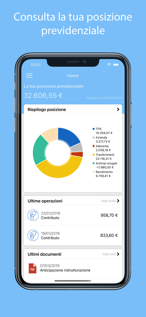 Fondoposte - Fondoposte 앱의 모바일 인터페이스에 연금 펀드 잔액과 기여금 내역이 도넛 차트로 표시됩니다.