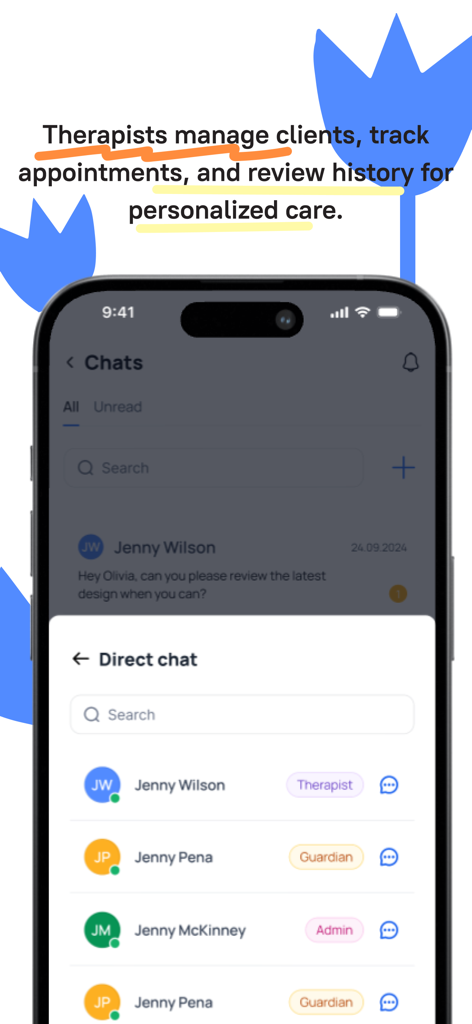 Therappy App - Interface do aplicativo Therappy mostrando chat direto entre terapeutas e responsáveis
