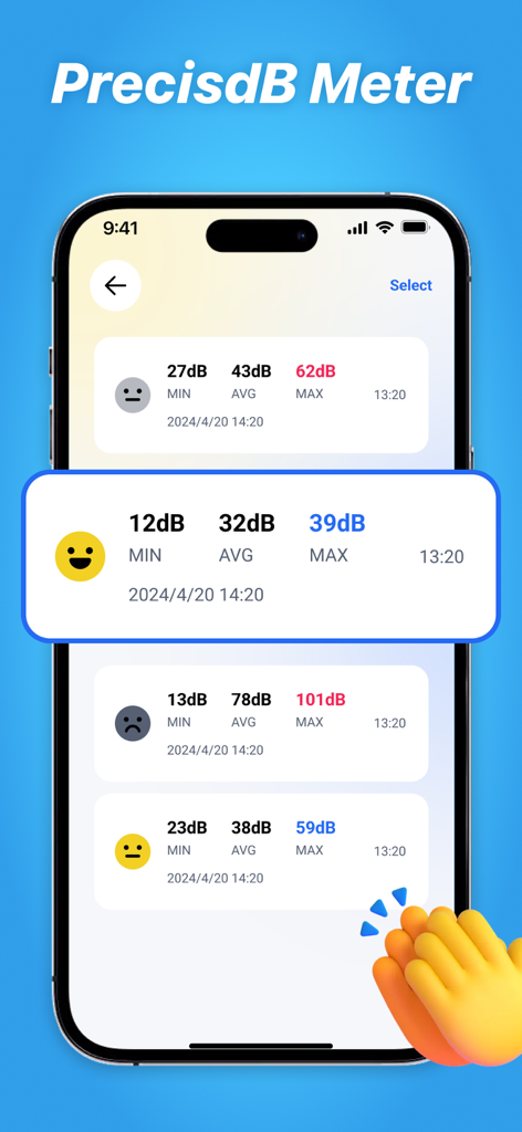 Una interfaz móvil que muestra registros del medidor de decibelios con niveles de sonido mínimo, promedio y máximo