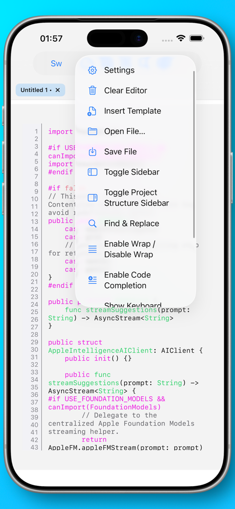 Neon Vision Editor - La interfaz de la aplicación móvil Neon Vision Editor muestra código Swift con un menú de opciones abierto para configuración y gestión de archivos.