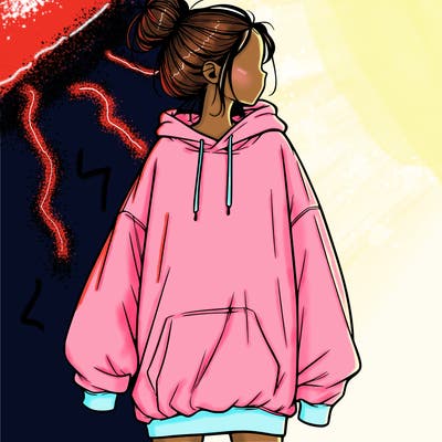 realistic girl with a oversized sweatshirt on and a bun