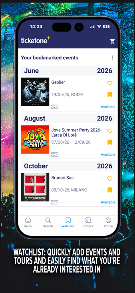 TicketOne - Interface do aplicativo TicketOne exibindo uma lista de observação de shows e eventos italianos marcados, organizados por mês