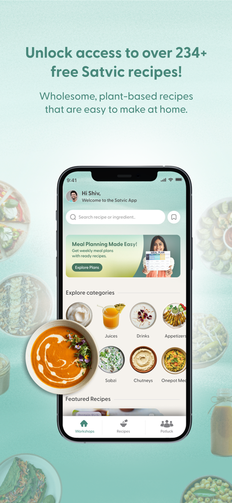 Satvic App - Satvic App interface showing free plant based recipe categories and meal planning