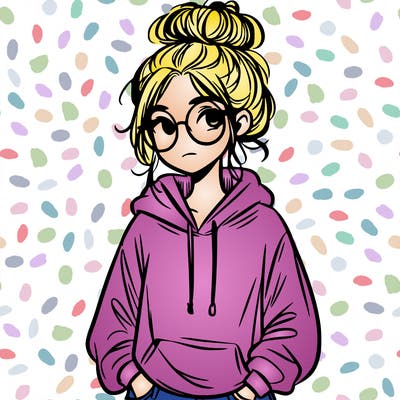 teen girl with a messy bun and glasses wearing a loose hoodie and jeans
