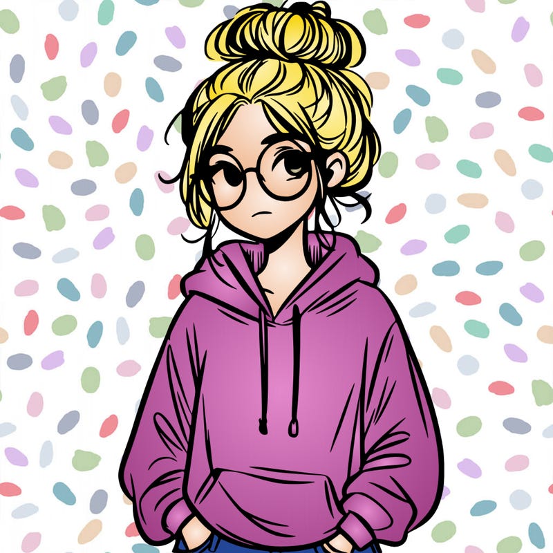 teen girl with a messy bun and glasses wearing a loose hoodie and jeans