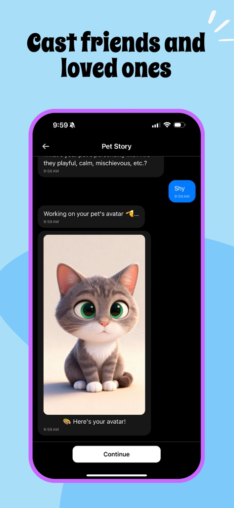 Taffy - animate your life - Uma captura de tela do aplicativo Taffy mostrando uma interface de chat onde um avatar de gato de desenho animado gerado por IA está sendo criado para uma história de animal de estimação.