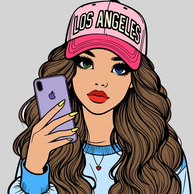 realistic beautiful girl wearing los ángeles cap holding an iphone