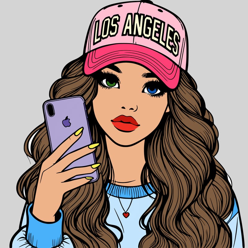 realistic beautiful girl wearing los ángeles cap holding an iphone