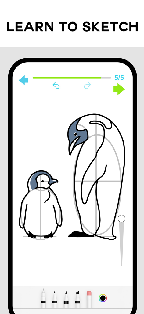 DrawingVibe: Learn how to draw - Mobile app interface showing a step-by-step tutorial for sketching an adult penguin and a chick.
