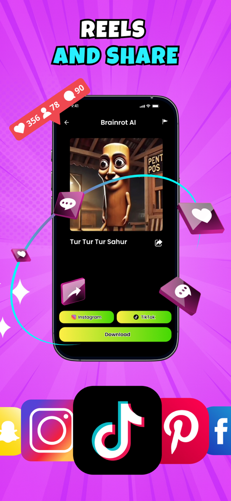 AI Italian Brainrot Creator - A mobile app interface displaying a surreal AI character with options to share the meme on Instagram and TikTok.
