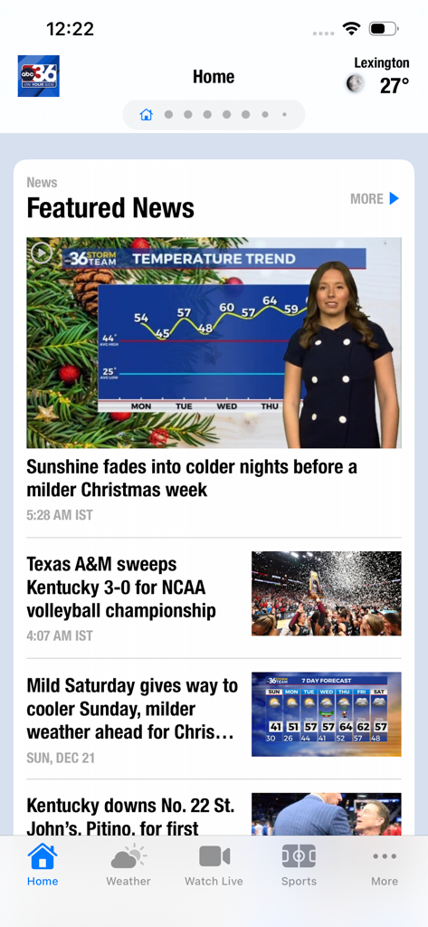 ABC36 - Pantalla de inicio de la aplicación de noticias ABC36 que muestra el tiempo de Lexington y artículos de noticias locales