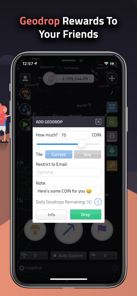 COIN: Always Be Earning - Interface do aplicativo COIN mostrando o recurso Geodrop para enviar recompensas digitais para amigos