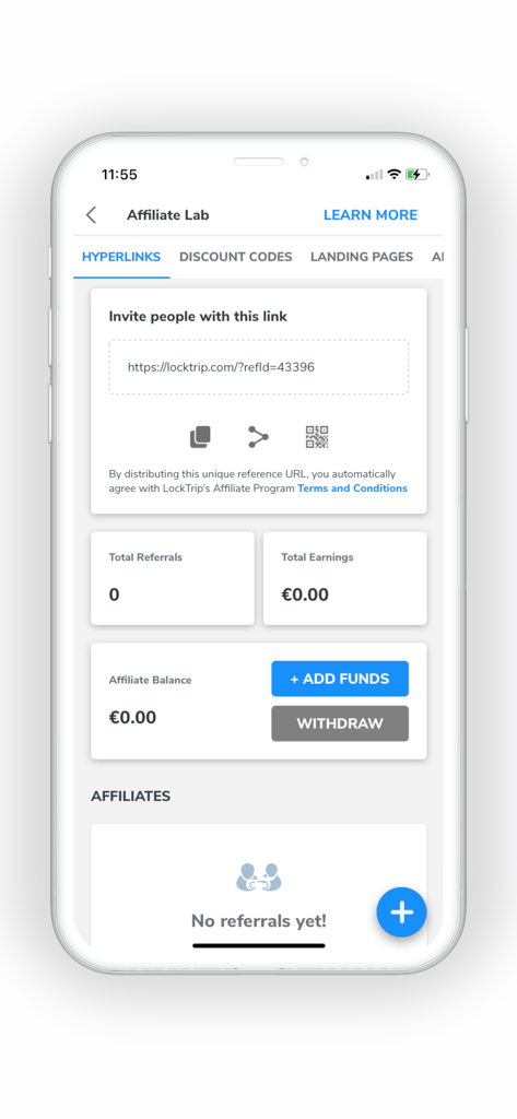 Painel do Laboratório de Afiliados do aplicativo LockTrip mostrando link de indicação, ganhos e saldo de afiliado