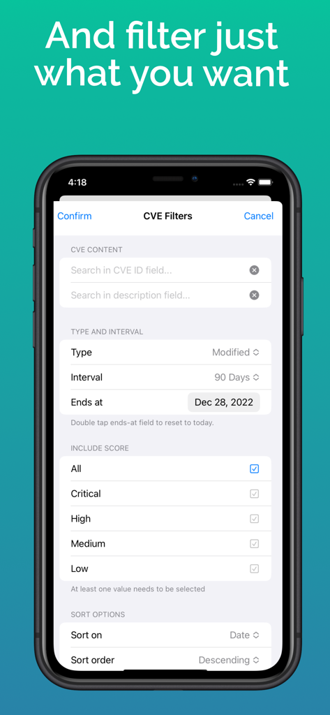 V-Check - V-Checkアプリのインターフェース。脆弱性スコアと時間間隔を含むCVEフィルタリングオプションを表示しています。