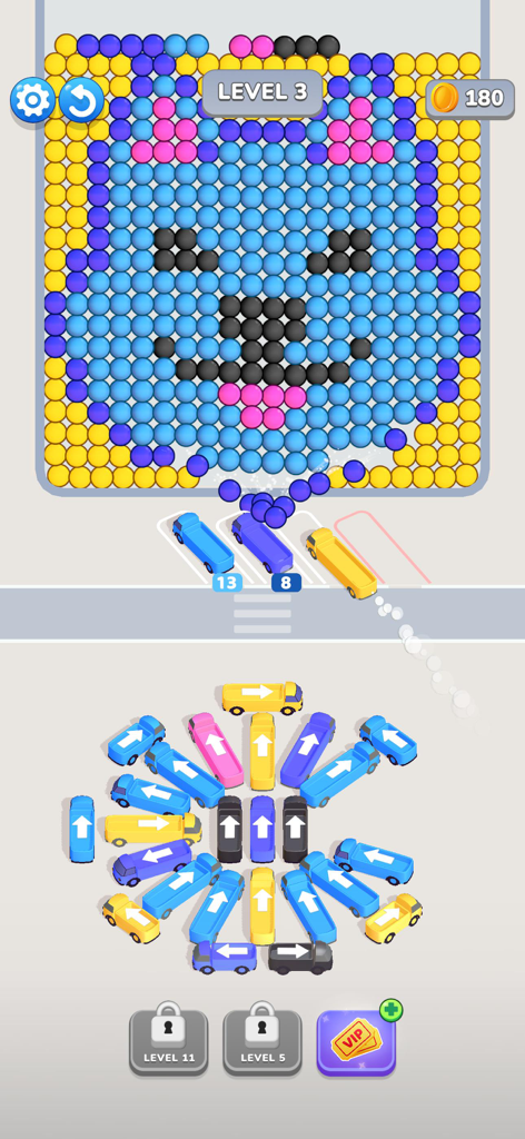 Bubble Bus: Parking Jam Puzzle - Juego de Bubble Bus que muestra burbujas de clasificación de colores y un rompecabezas de atasco de aparcamiento de autobuses