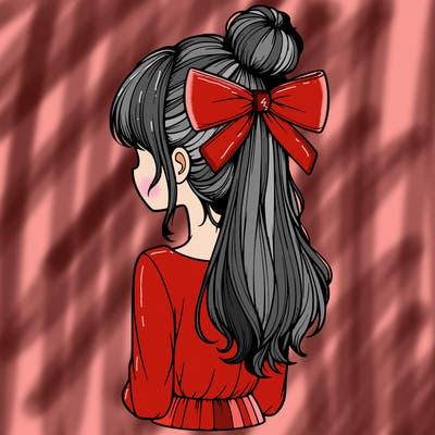 realistic girl  with hip length hair a bun and a big bow on the back of head