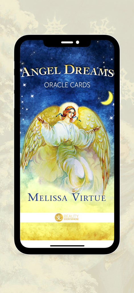 Angel Dreams Oracle Cards - Startbildschirm der Angel Dreams Oracle Cards App von Melissa Virtue mit einer goldenen geflügelten Engelsillustration