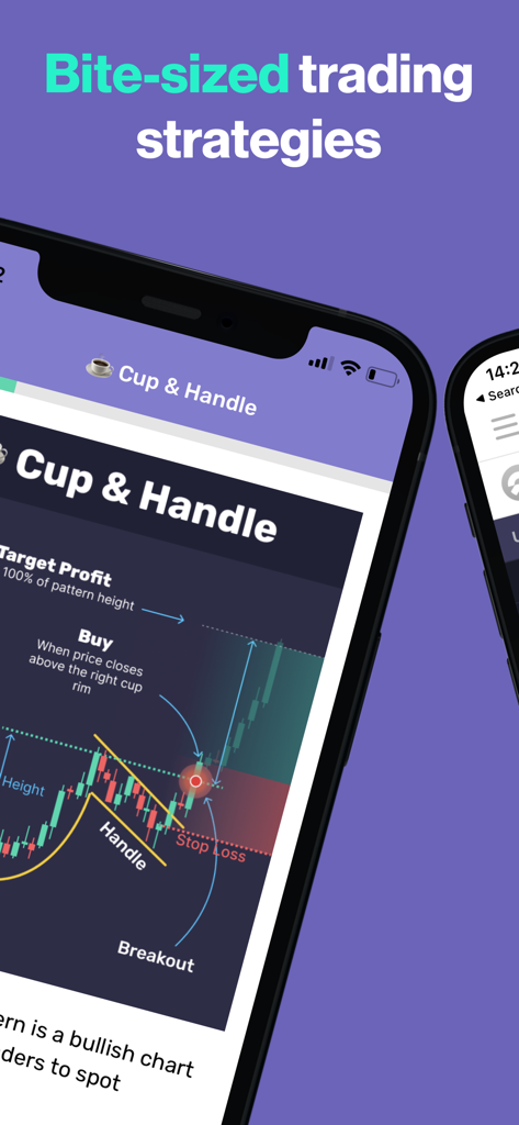 Stock Market Simulator & Game - Un écran mobile expliquant la figure graphique boursière de la tasse et de la poignée avec les points d'entrée et de sortie.