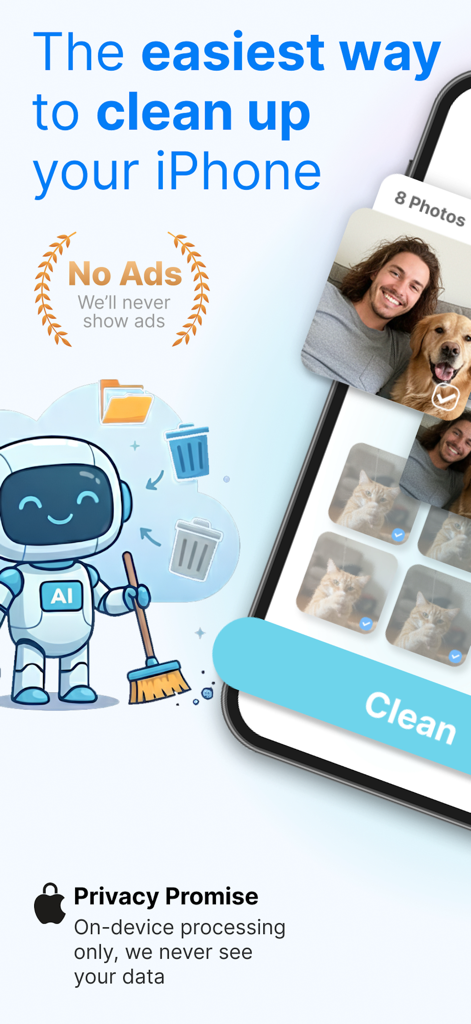 CleanBot AI: Storage Cleaner - Interfaz de la app CleanBot AI mostrando funciones de limpieza de fotos con una mascota robot y promesa de privacidad