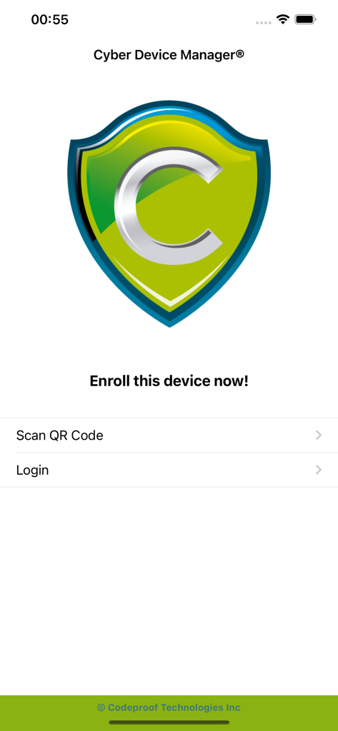 Bildschirm zur Geräteregistrierung der Cyber Device Manager App mit QR-Code-Scan- und Anmeldeoptionen