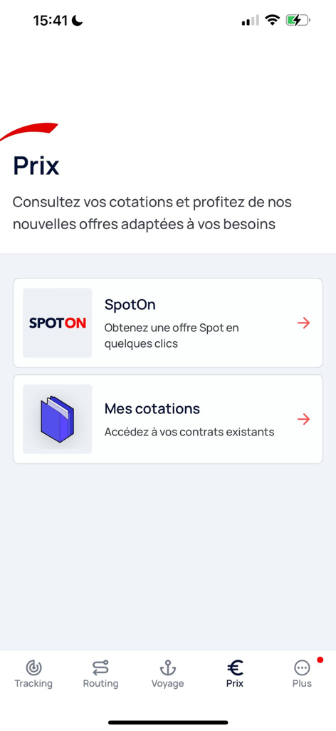 CMA CGM mobile app pricing screen showing SpotOn and quotation options