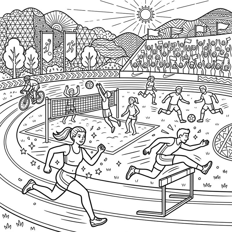 Celebrate the thrill of competition with this action-packed summer sporting event coloring page! From track and field to volleyball and soccer, this dynamic scene is bursting with athletic energy, perfect for inspiring creativity.