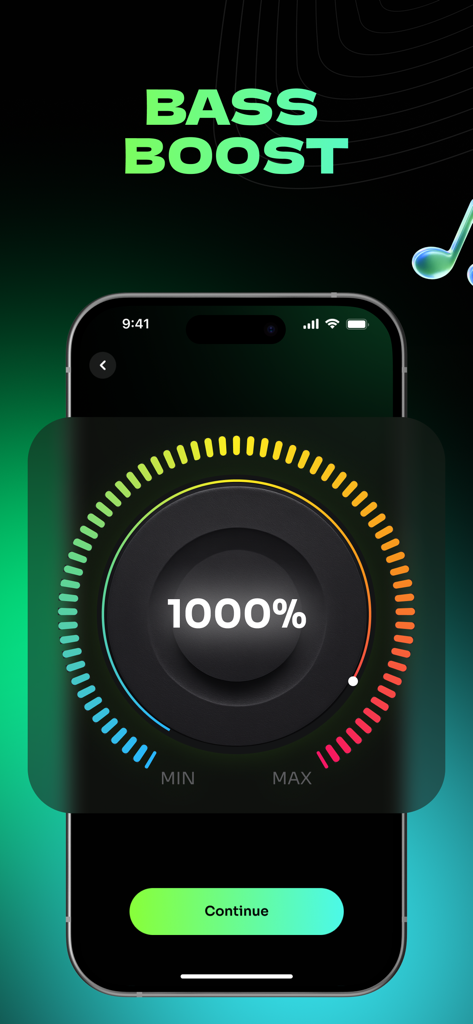 Volume & Bass Booster - Power - A mobile app interface displaying a bass boost dial set to one thousand percent with a dark high performance aesthetic