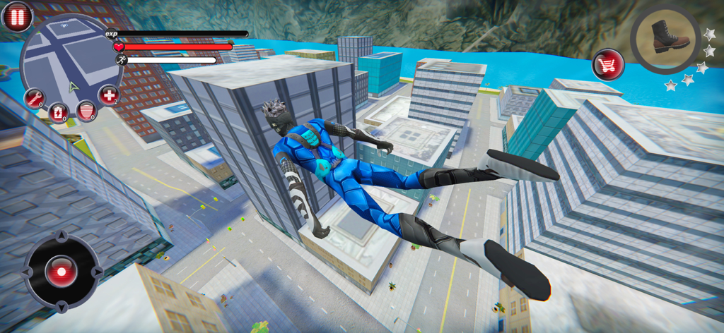 A blue sci-fi superhero flying over a 3D city landscape in the Rope Hero 2 game