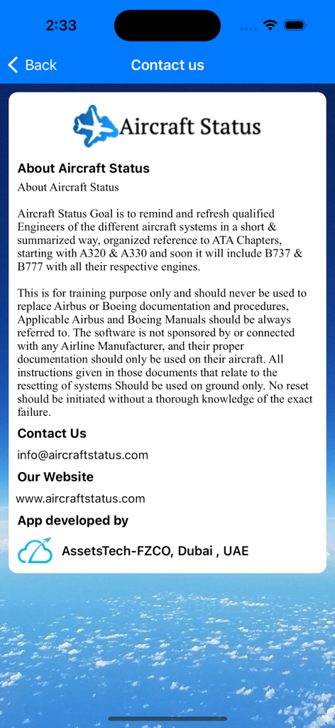 Una página de contacto y sobre la aplicación Aircraft Status detallando su propósito e información del desarrollador.