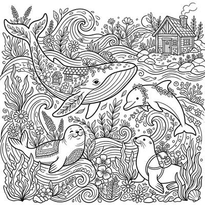 Escape to a world where ocean creatures embrace rustic charm with this enchanting coloring page. Friendly whales, dolphins, and seals frolic in a cozy, nature-inspired Cottagecore landscape, ready for your artistic touch.