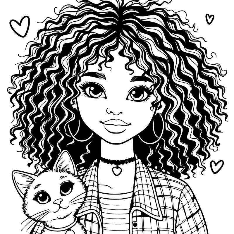 realistic girl with curly hair and a cat