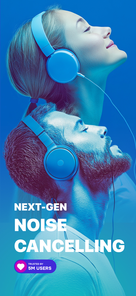 Hearing Aid Ear Booster Loud - Man and woman wearing headphones showcasing the next-gen noise cancelling feature of the hearing aid app