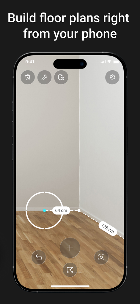 スマートフォンでAR間取り図作成と部屋の測定を示すメジャー定規アプリインターフェース