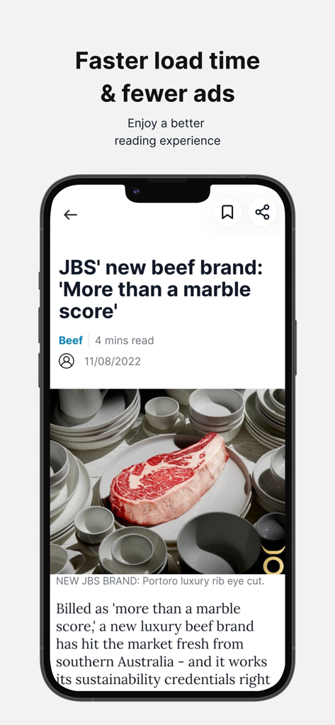 Smartphone screen showing a beef industry news article within The Land app highlighting a better reading experience.