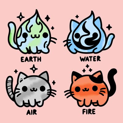4 cats that represent the different elements, earth, water, air, and fire