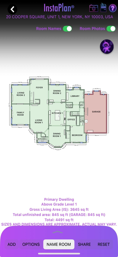 InstaPlan® - InstaPlan app interface showing a detailed 2D floor plan with room labels and dimensions
