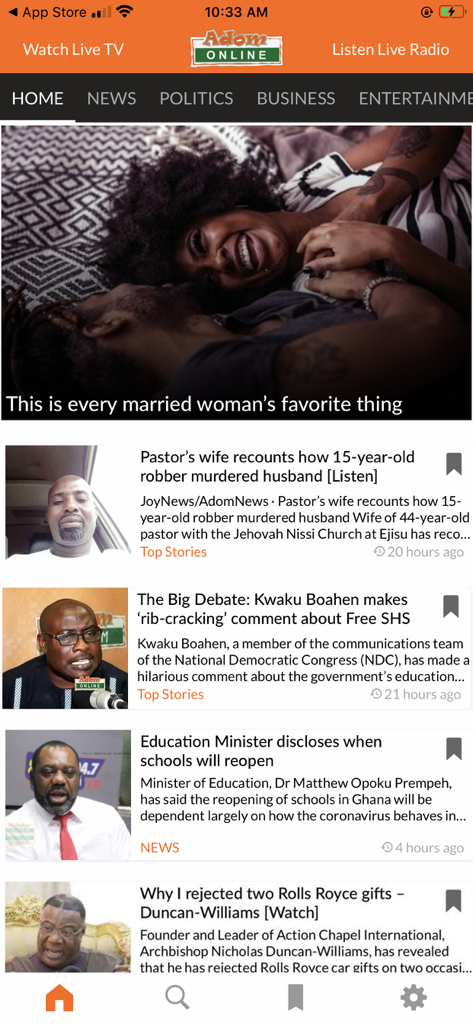 AdomOnline - Interface of the AdomOnline mobile app displaying a news feed with articles about Ghanaian politics business and entertainment.