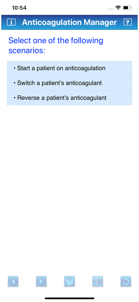 Anticoagulation Manager - Anticoagulation Manager app screen showing options to start switch or reverse patient anticoagulation